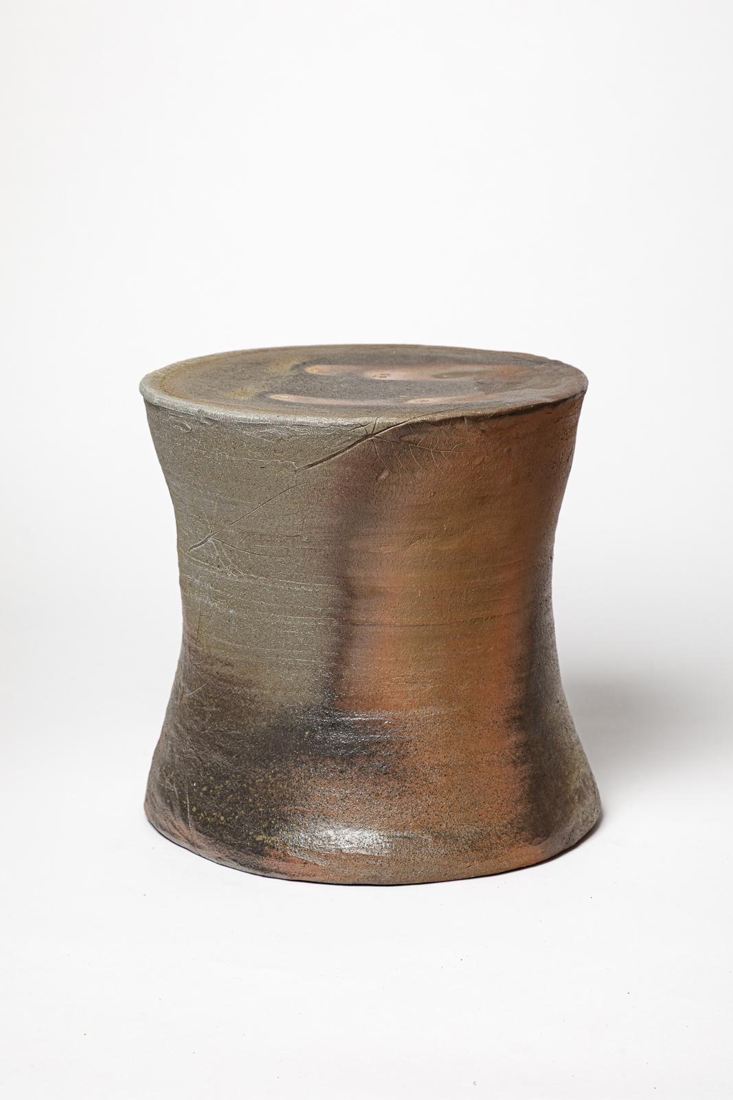 Contemporary 21st century design brown and grey ceramic stool or low table by B. Chassang 2/2 For Sale
