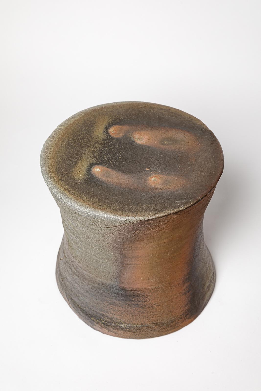 Ceramic 21st century design brown and grey ceramic stool or low table by B. Chassang 2/2 For Sale