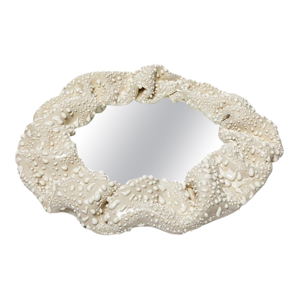 21st century design white wall ceramic mirror by Mathilde Sauce unique handmade For Sale
