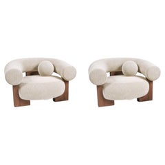 Contemporary Modern Cassete Armchair in Fabric & Wood, Set of 2 by Collector