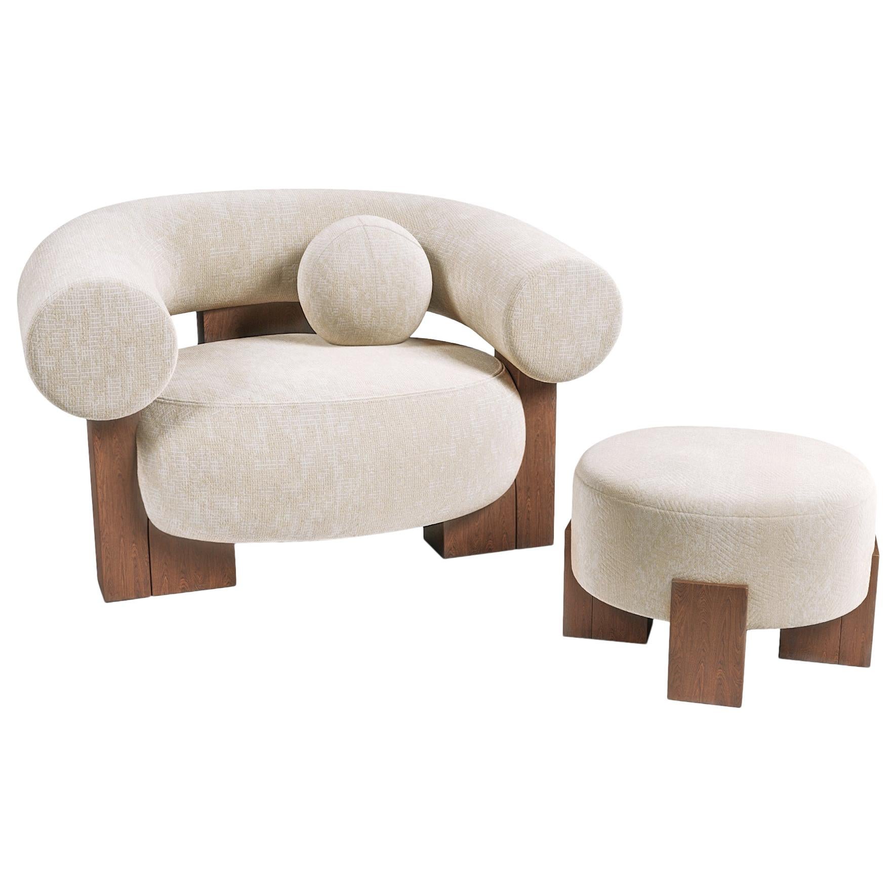 Contemporary Modern Cassete Armchair & Puff in Fabric & Wood by Collector Studio