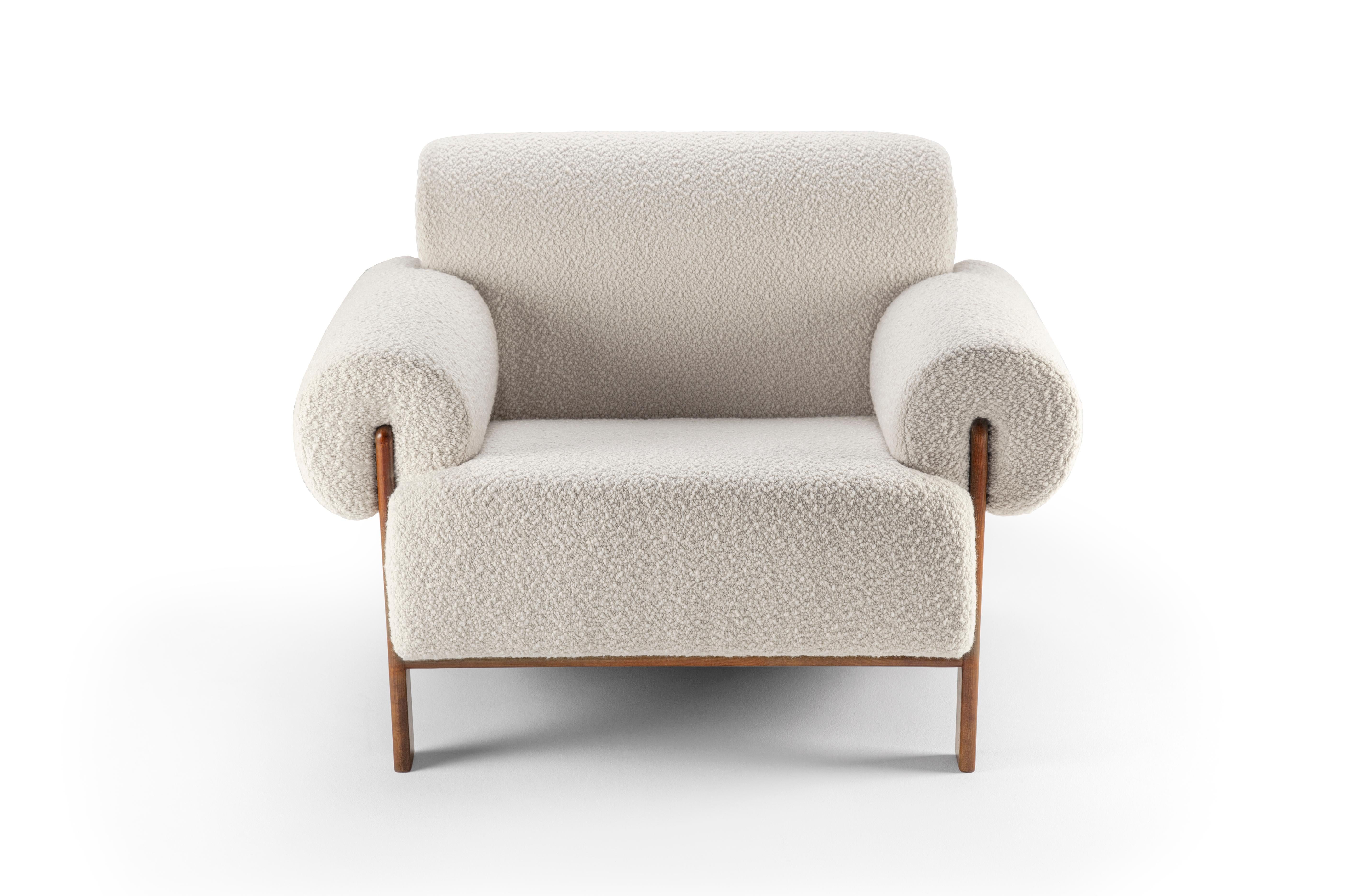 Underpinned by a minimalist and sophistication aesthetic of clean lines.

Paloma Armchair designed by Bernhardt & Vella.

DIMENSIONS
W 95CM  37.5”
D 85CM  33.5”
H 72CM 28”
SH 40 cm  15,7”

PRODUCT FEATURES
Structure in Solid Walnut wood. Upholstered