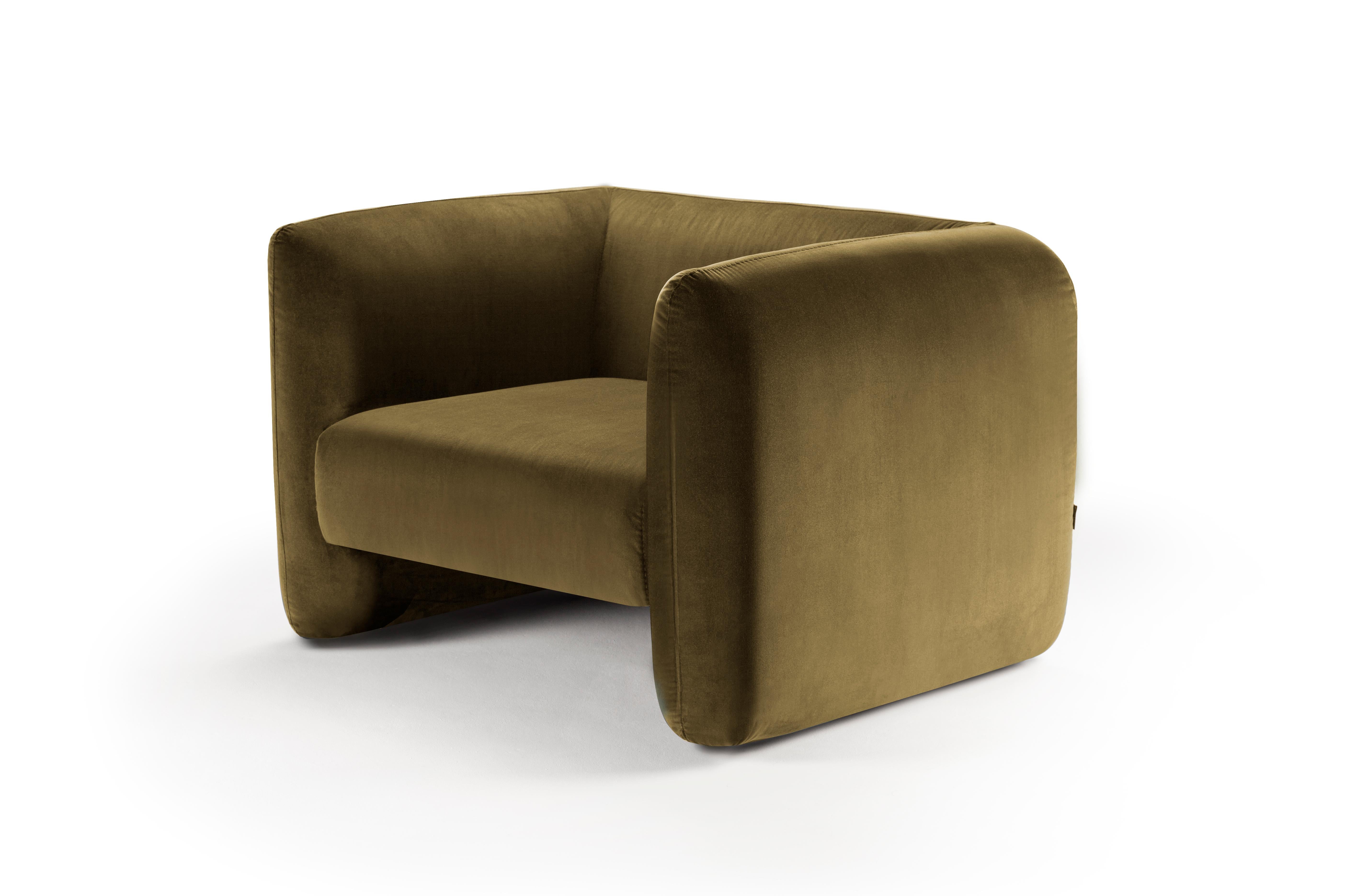 Poltrona moderna Jacob in tessuto di velluto marrone di Collector Studio A

Questa divertente e sofisticata poltrona del XXI secolo disegnata da Collector Studio, con la sua forma semplice e l'attraente gioco di colori insieme ad altre possibili