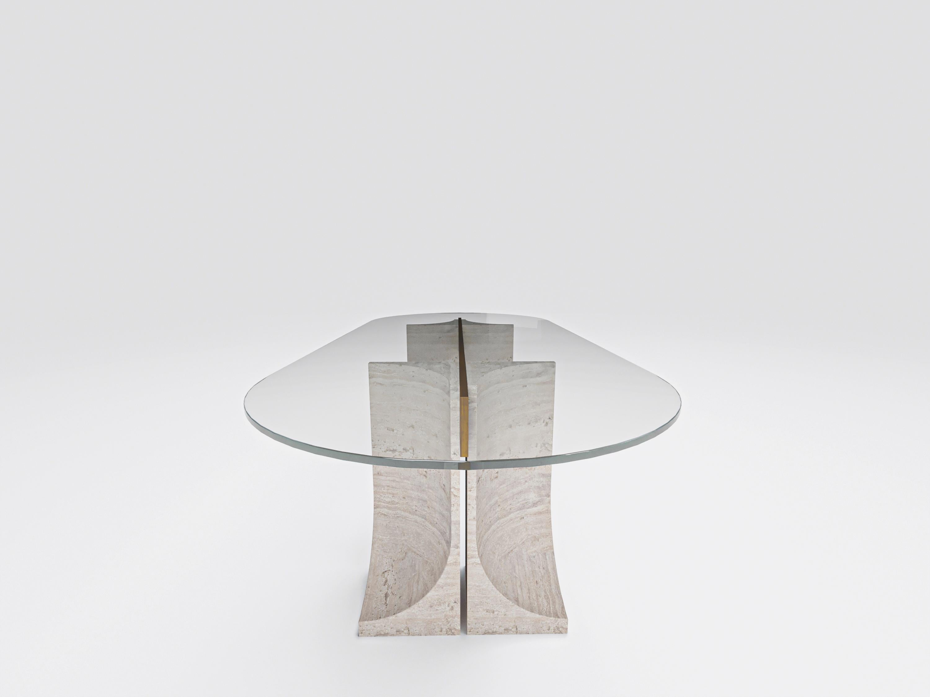 Walnut Contemporary Modern Edge Dining Table in Travertino Marble by Collector Studio For Sale