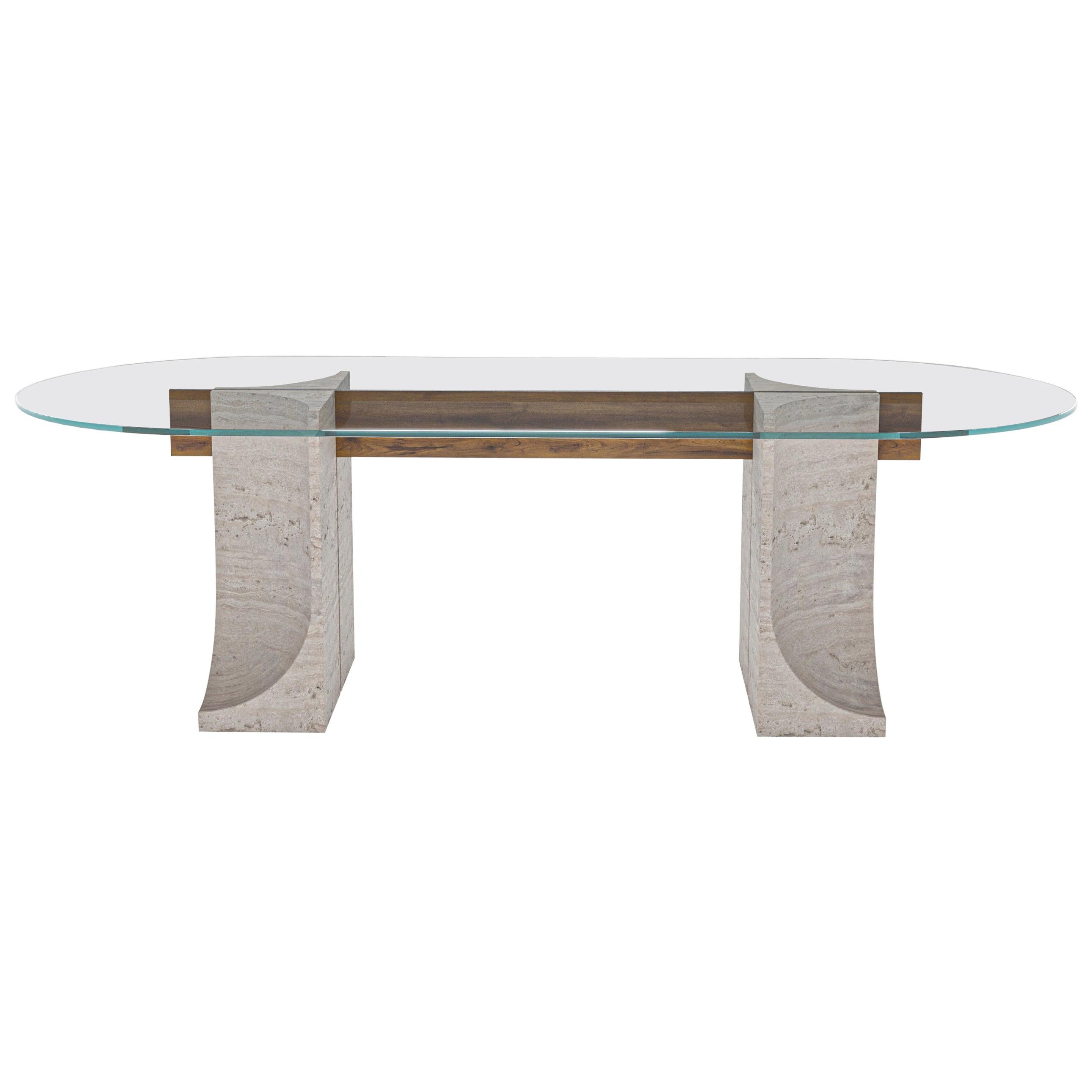 Contemporary Modern Edge Dining Table in Travertino Marble by Collector Studio For Sale