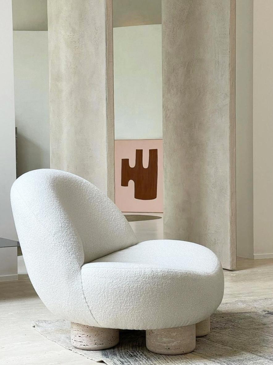 Contemporary Modern Contemporay Hygge Armchair in Boucle Fabric & Travertino by Collector For Sale