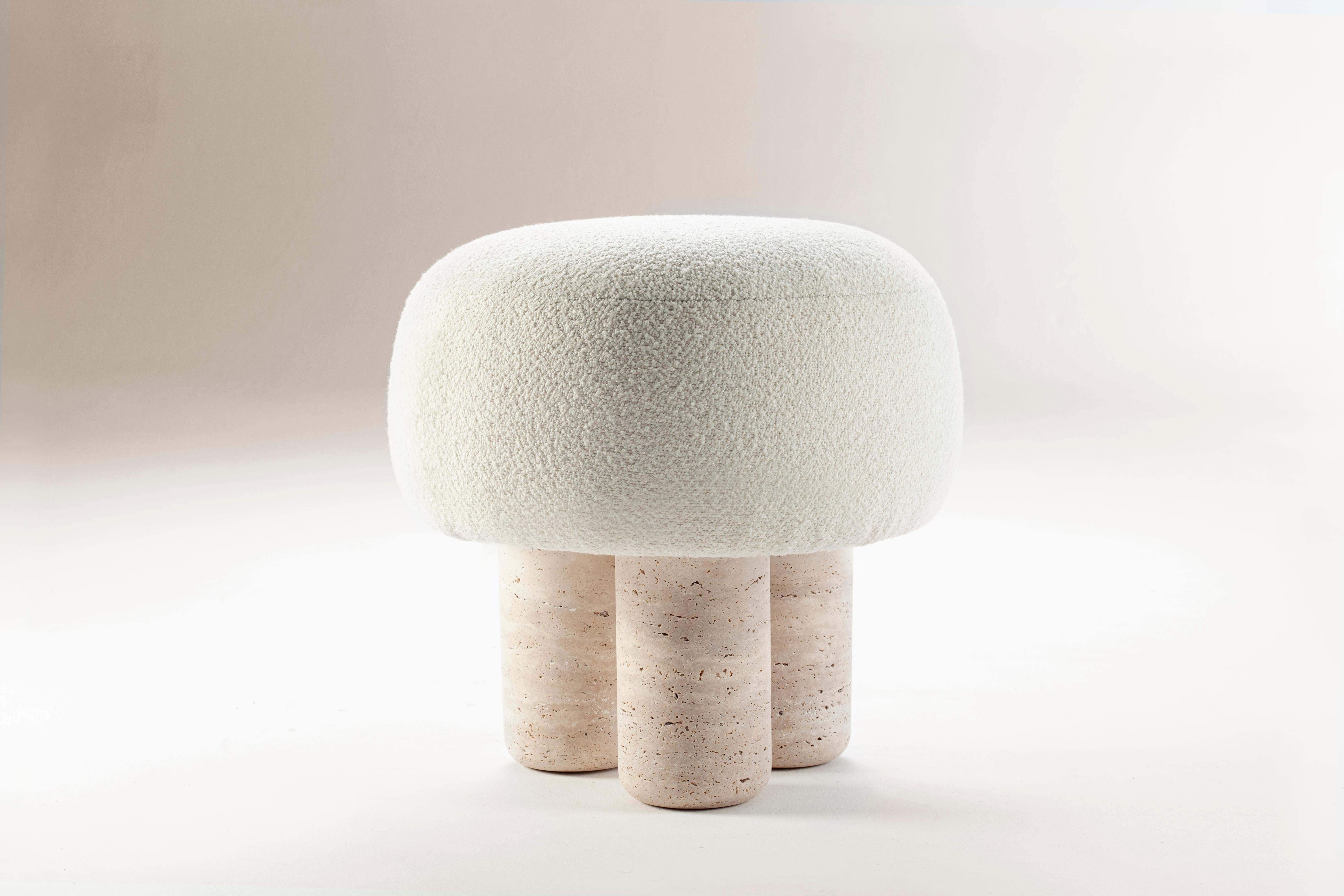 Contemporary Modern Hygge Stool in Boucle Fabric &Travertino Marble by Collector In New Condition For Sale In Castelo da Maia, PT