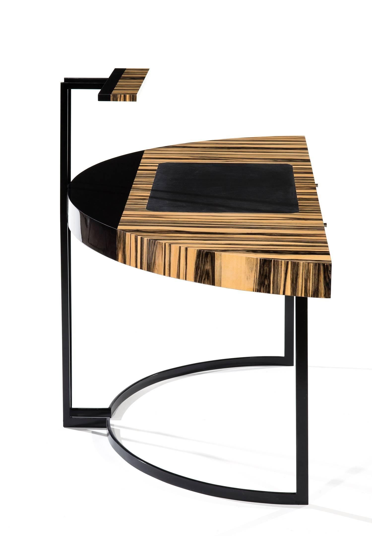 French 21st Century Desk Wight Ebony and Black Leather with Metal Leg by Aymeric Lefort For Sale