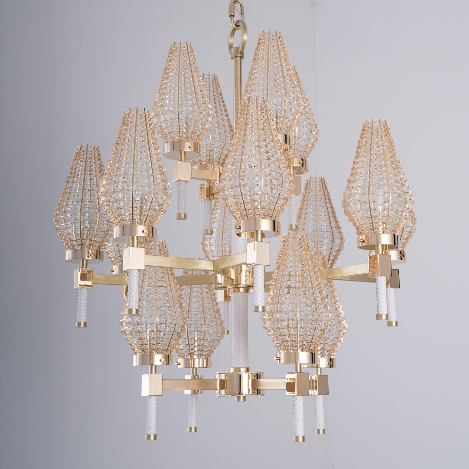 Plated 21st Century Dew Brass & Gold Chandelier with Crystal Shade by Patrizia Garganti For Sale