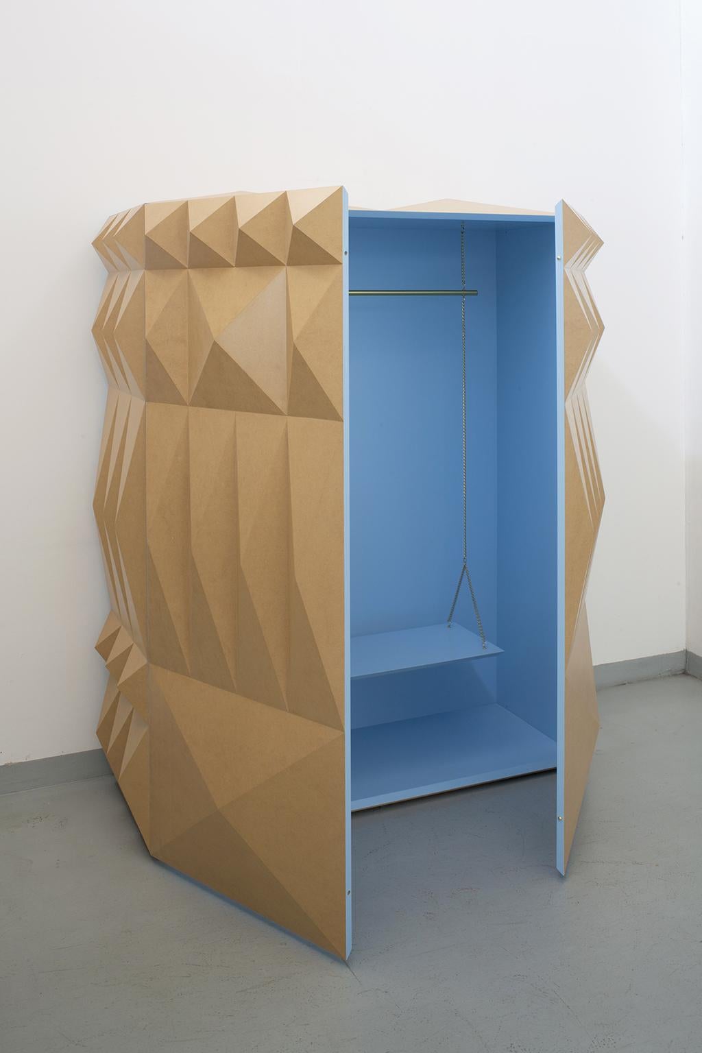 Wood 21st Century Diamante N°1 Hand Painted Cabinet in Light Brown and Light Blue