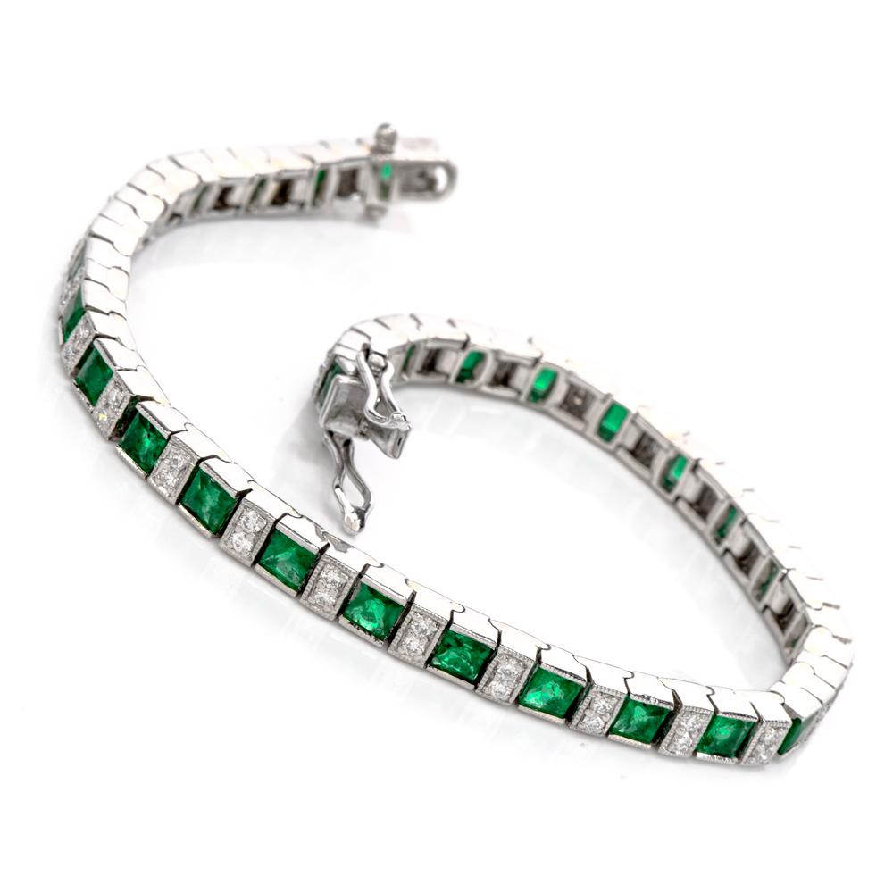 Admire this classic and elegant Estate 5.74 Diamond Emerald Platinum Alternating Tennis Bracelet!  This bracelet is crafted in quality platinum with milgrain detail.  There are approximately 4.87 total carats of genuine vivid and