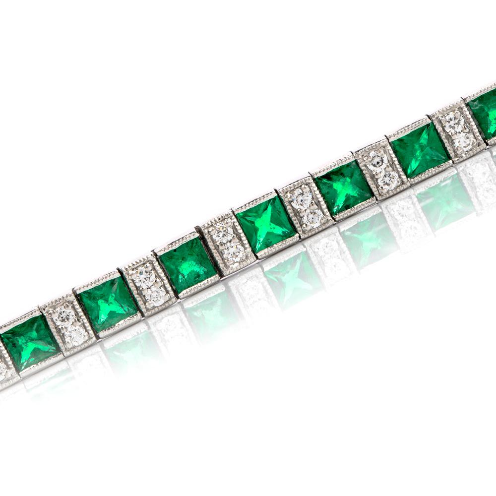 Art Deco 21st Century Diamond Emerald Platinum Tennis Bracelet