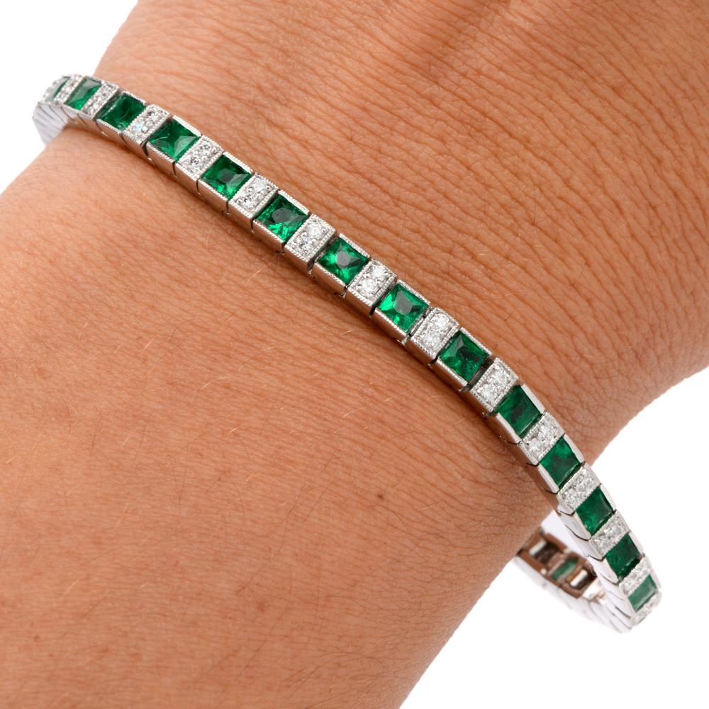 21st Century Diamond Emerald Platinum Tennis Bracelet In Excellent Condition In Miami, FL