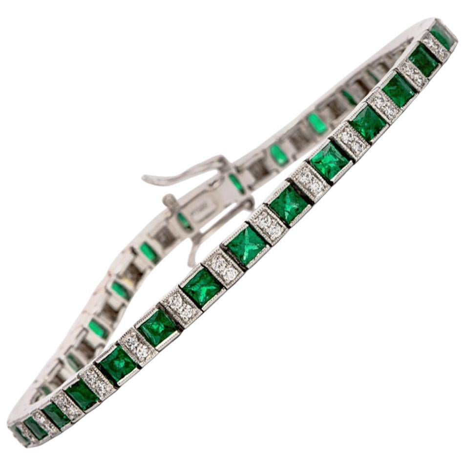 21st Century Diamond Emerald Platinum Tennis Bracelet