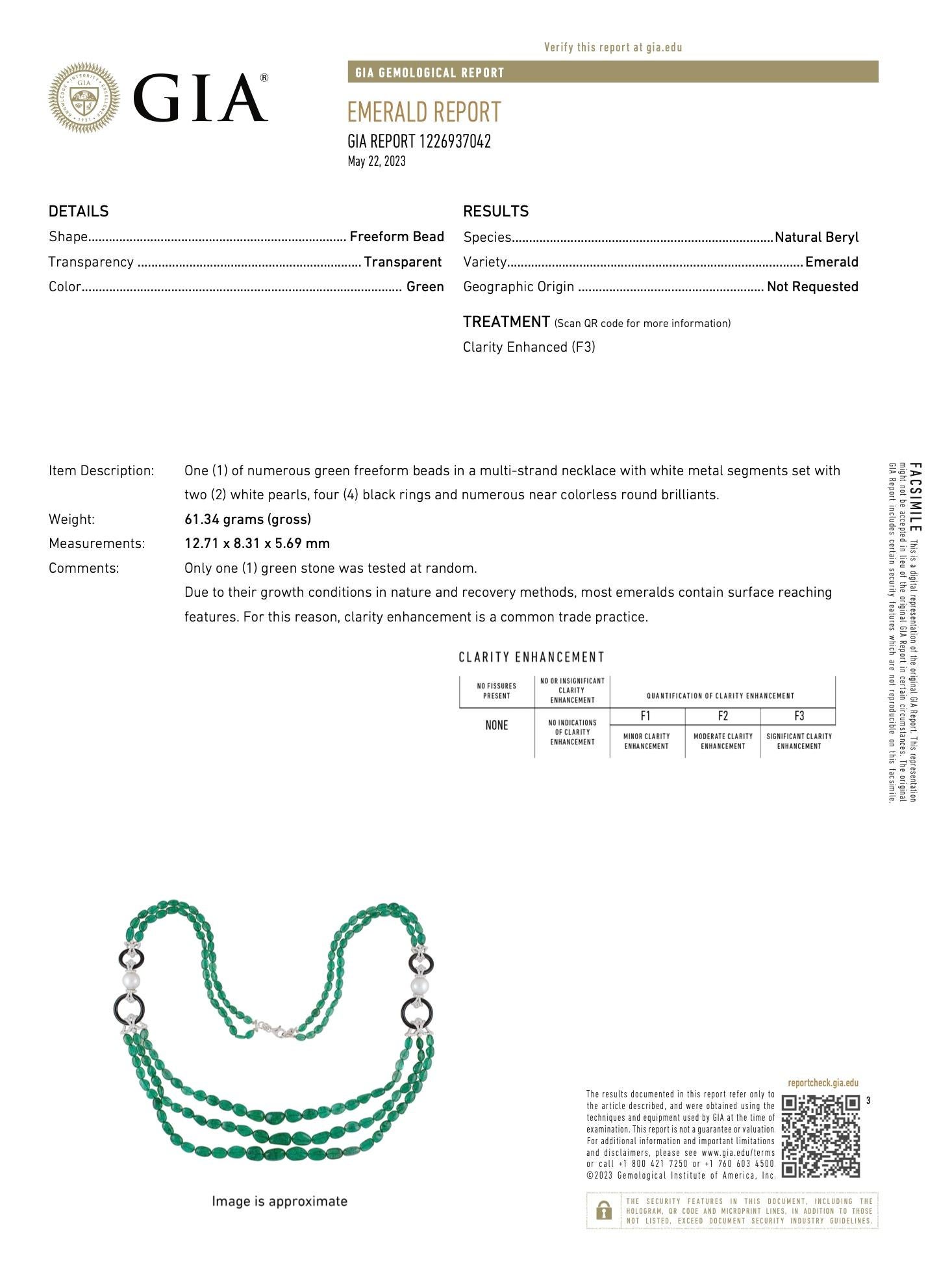 21st Century Diamond GIA Emerald Pearl Collier multibrins en or 18 carats Excellent état - En vente à Miami, FL