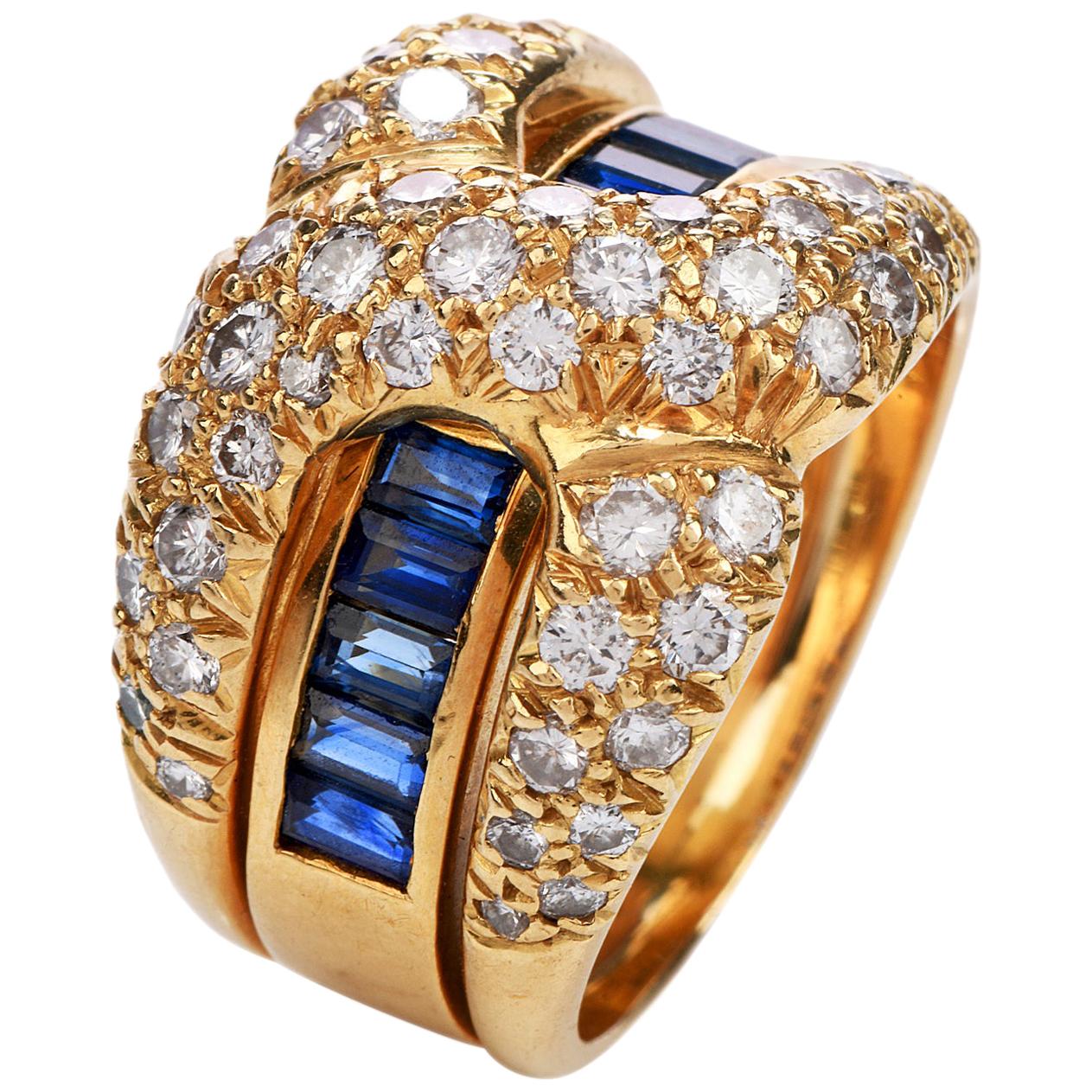 21st Century Diamond Sapphire 18 Karat Gold 'X' Band Ring For Sale