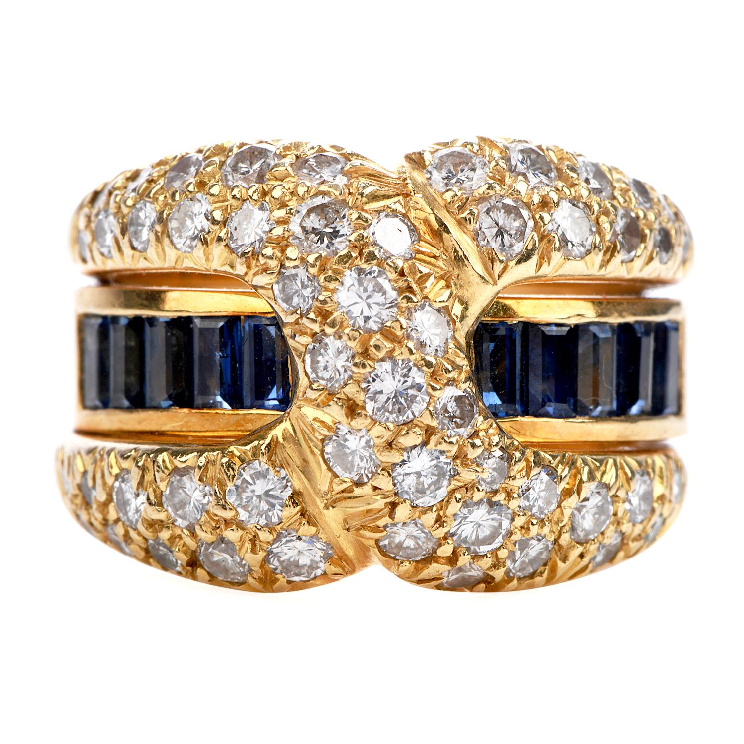 Romantic 21st Century Diamond Sapphire 18 Karat Gold 'X' Band Ring For Sale