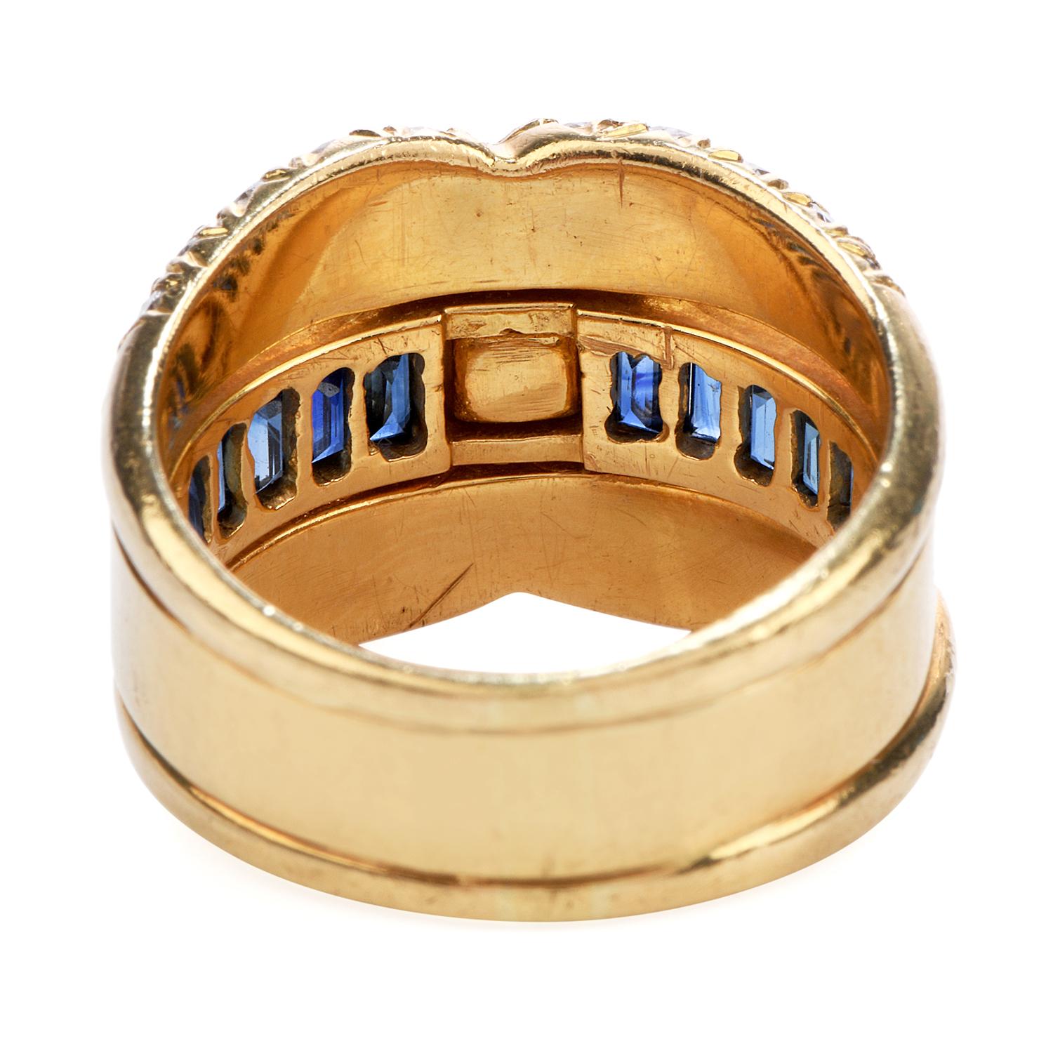 Round Cut 21st Century Diamond Sapphire 18 Karat Gold 'X' Band Ring For Sale