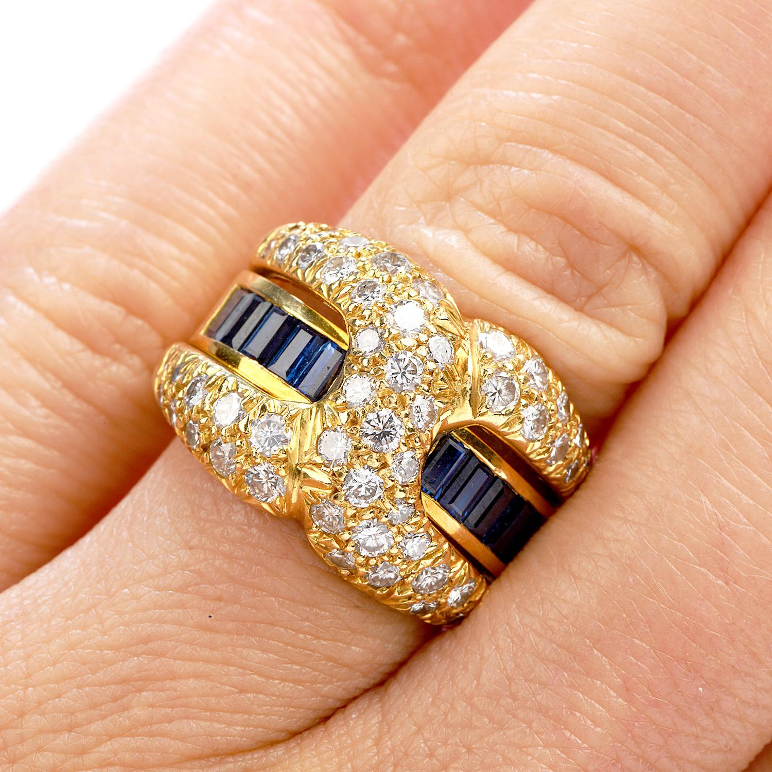 21st Century Diamond Sapphire 18 Karat Gold 'X' Band Ring In Excellent Condition For Sale In Miami, FL