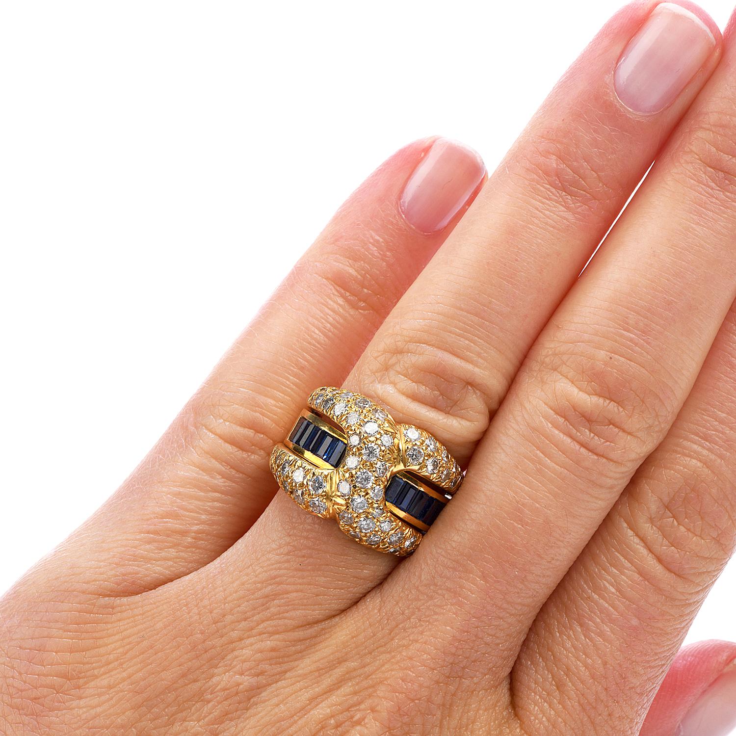 Women's or Men's 21st Century Diamond Sapphire 18 Karat Gold 'X' Band Ring For Sale