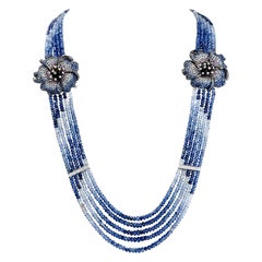 21st Century Diamond Sapphire Brooch 18K Gold Flower Multistrand Ombre Necklace 