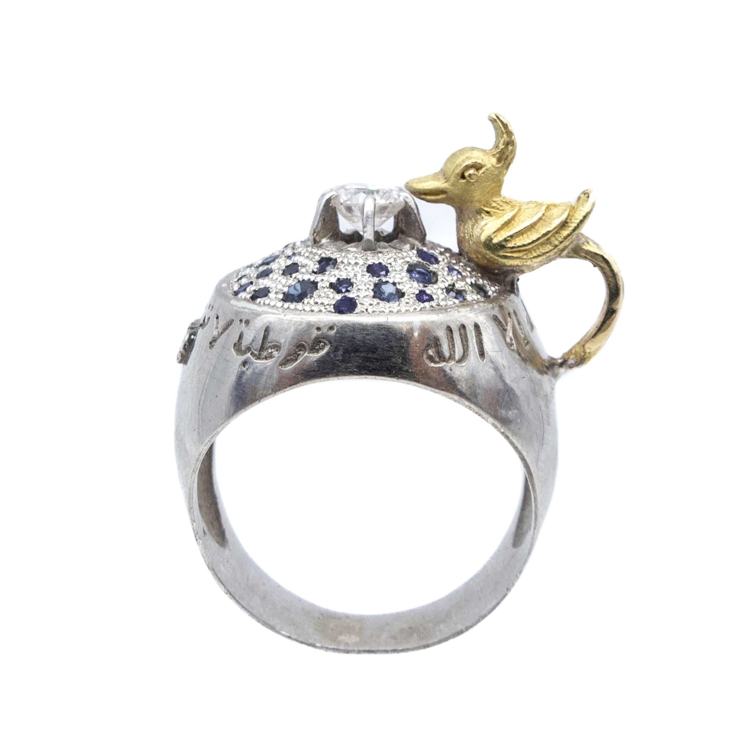 Modern 21st Century Diamond Sapphires Paradise Bird Yellow 18 Karat Gold Silver Ring  