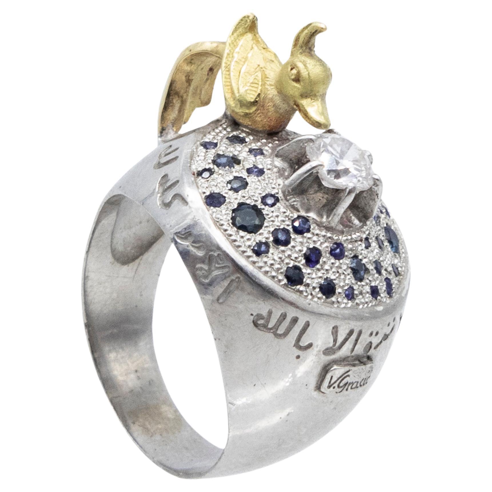21st Century Diamond Sapphires Paradise Bird Yellow 18 Karat Gold Silver Ring  