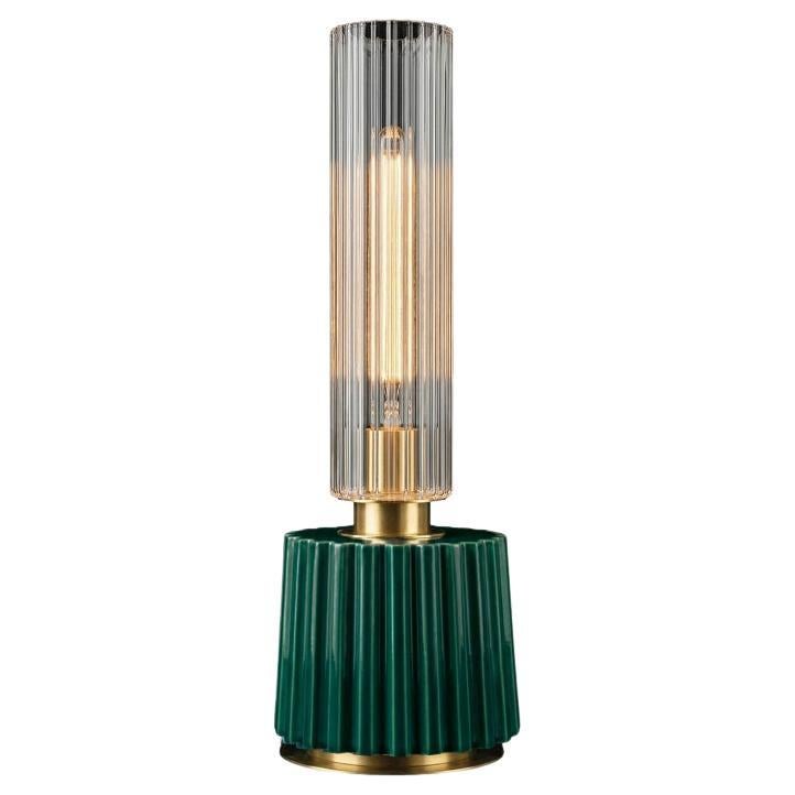 21st-Century, Elegance Table Lamp: Fluted Glass & Forest Green Porcelain Design