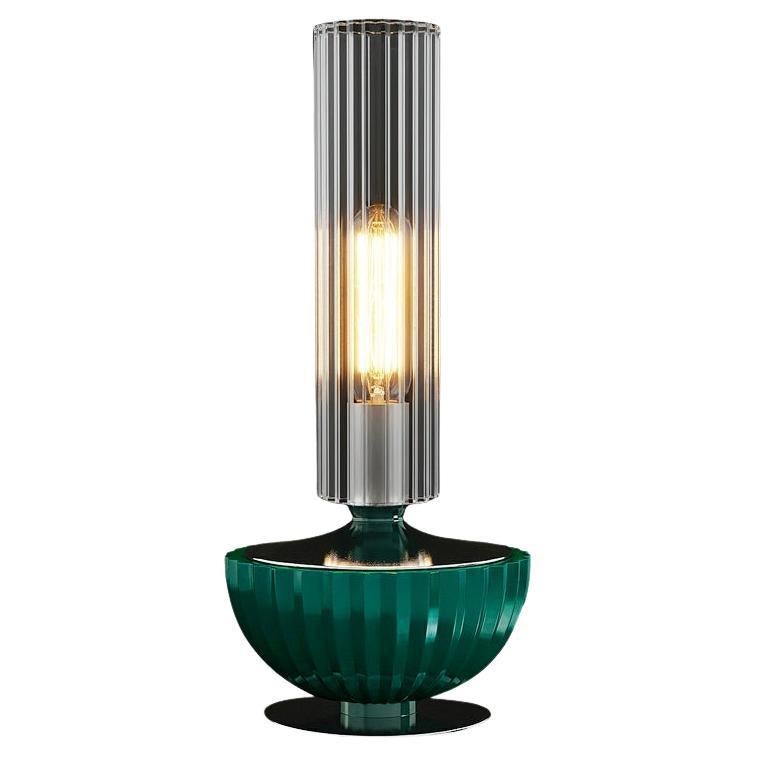 21st-Century, Elegance Table Lamp: Fluted Glass & Forest Green Porcelain Design