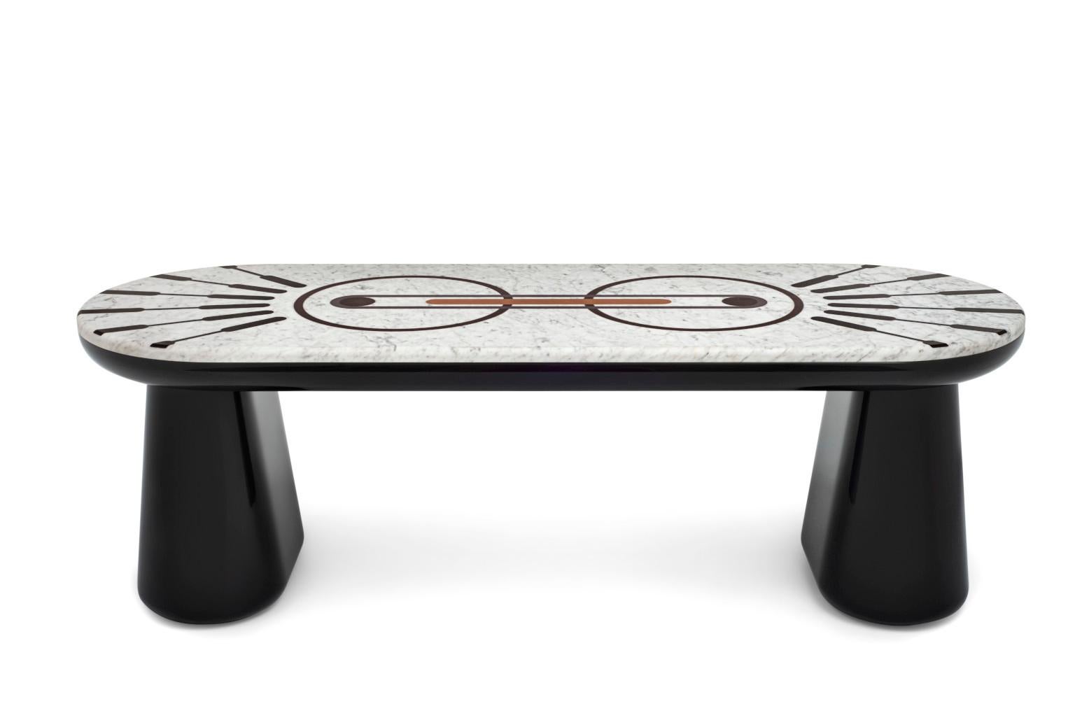 Ione Bench, design by Elena Salmistraro for Scapin Collezioni
Limited Edition.
New Atomic Age Collection

Ione was born from the encounter between smooth shapes and sophisticated graphic carvings. Circles, lines and orbits blended together give life