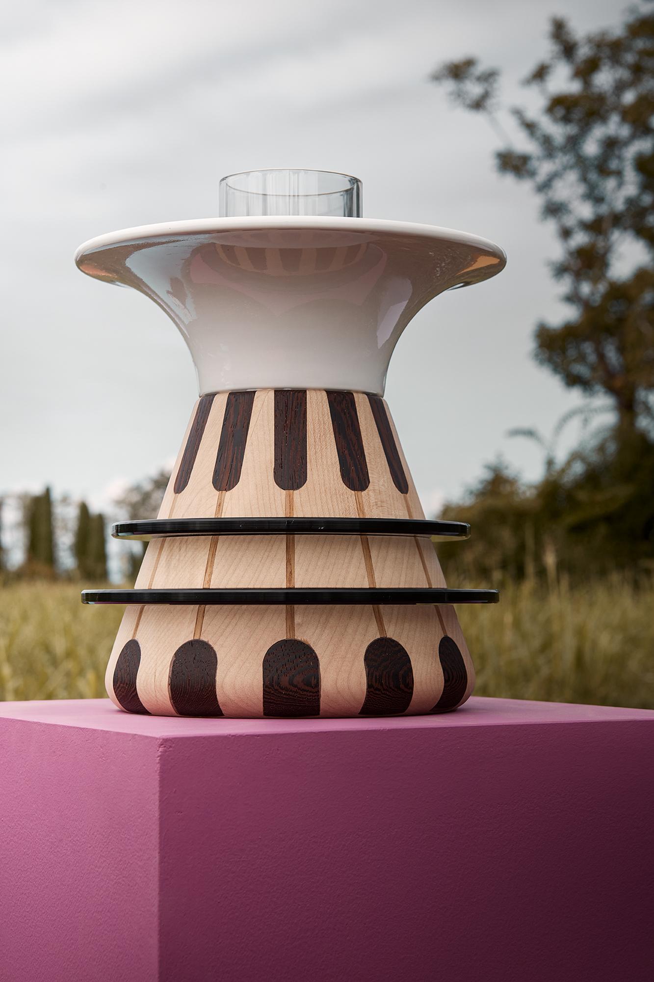 Modern 21st Century Elena Salmistraro Vase Inlaid Wood Glass Ceramic Catodo Scapin For Sale