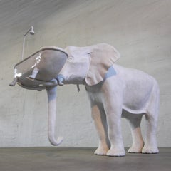 21st Century Elephant with Tub Sculpture by Marcantonio, Painted White Bronze