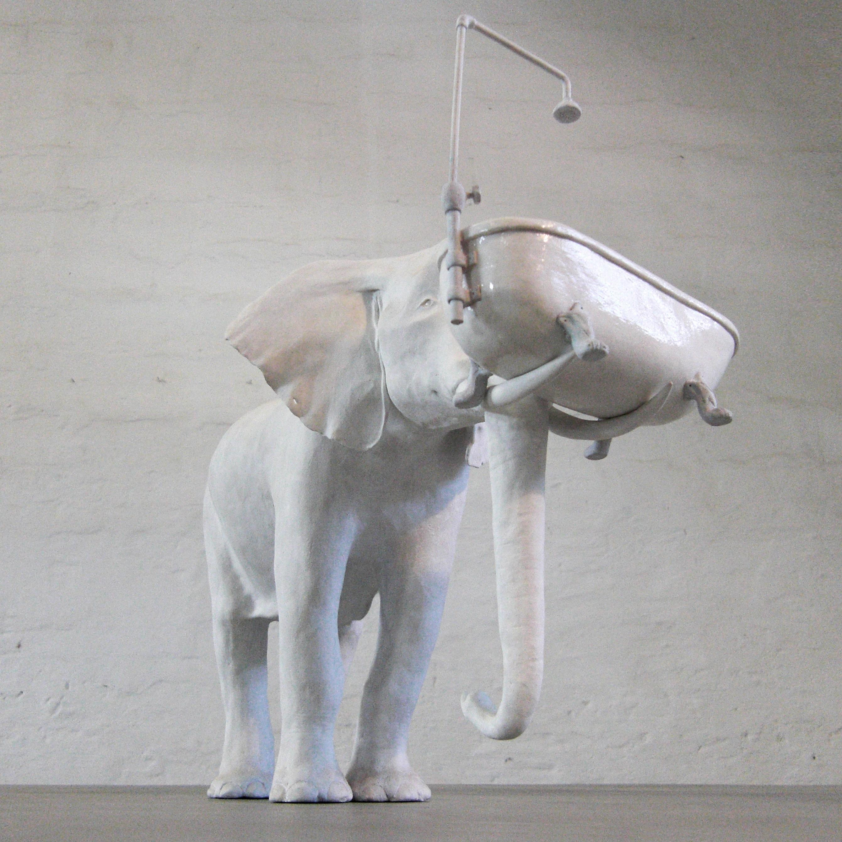 Modern 21st Century Elephant with Tub Sculpture by Marcantonio, Painted White Bronze For Sale