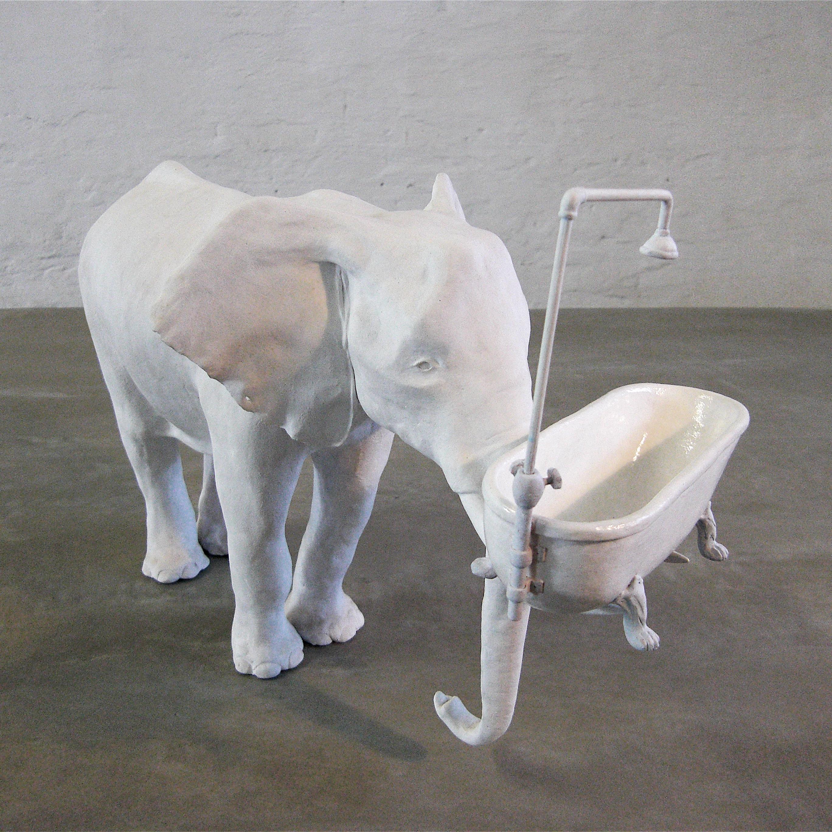 Hand-Painted 21st Century Elephant with Tub Sculpture by Marcantonio, Painted White Bronze For Sale