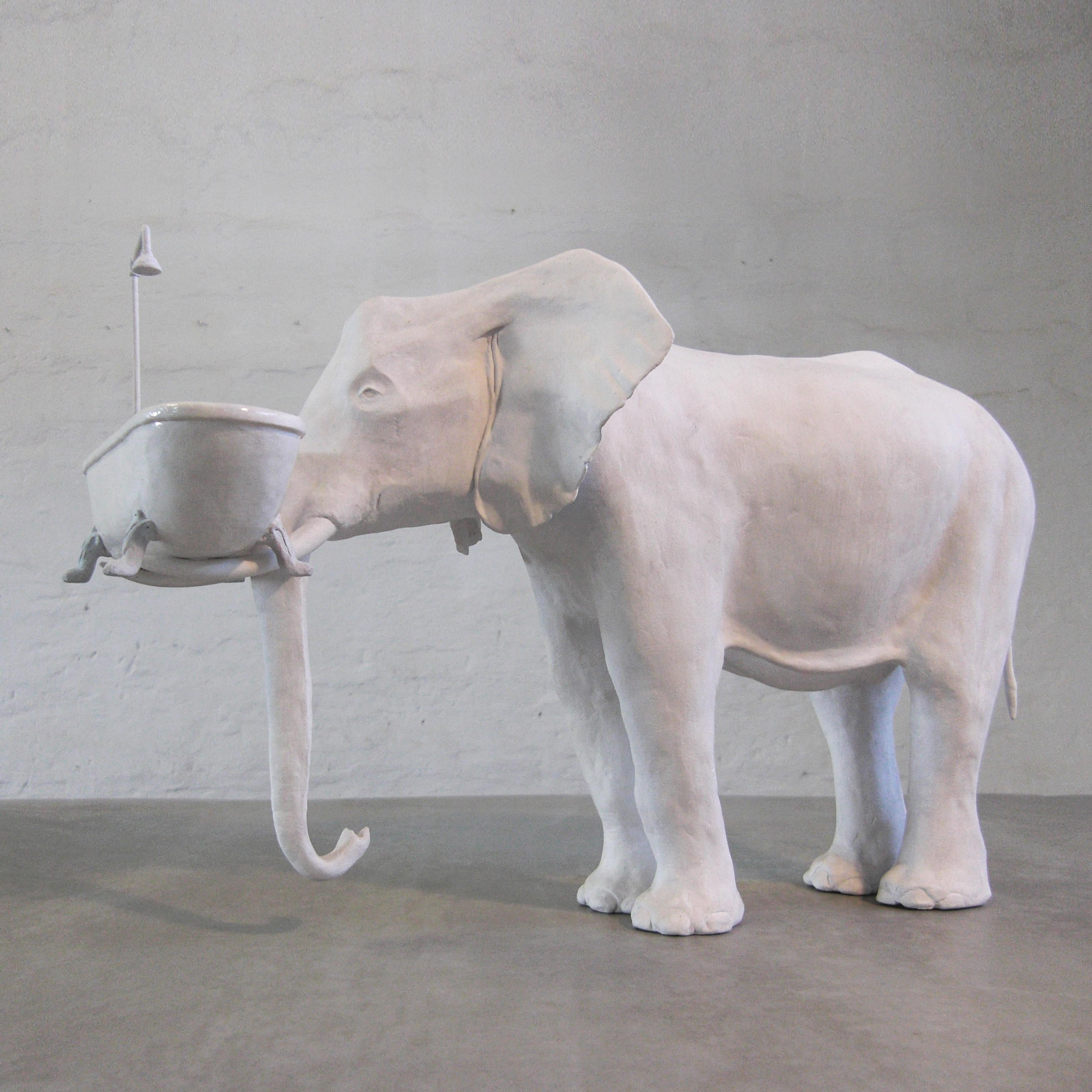 Contemporary 21st Century Elephant with Tub Sculpture by Marcantonio, Painted White Bronze For Sale