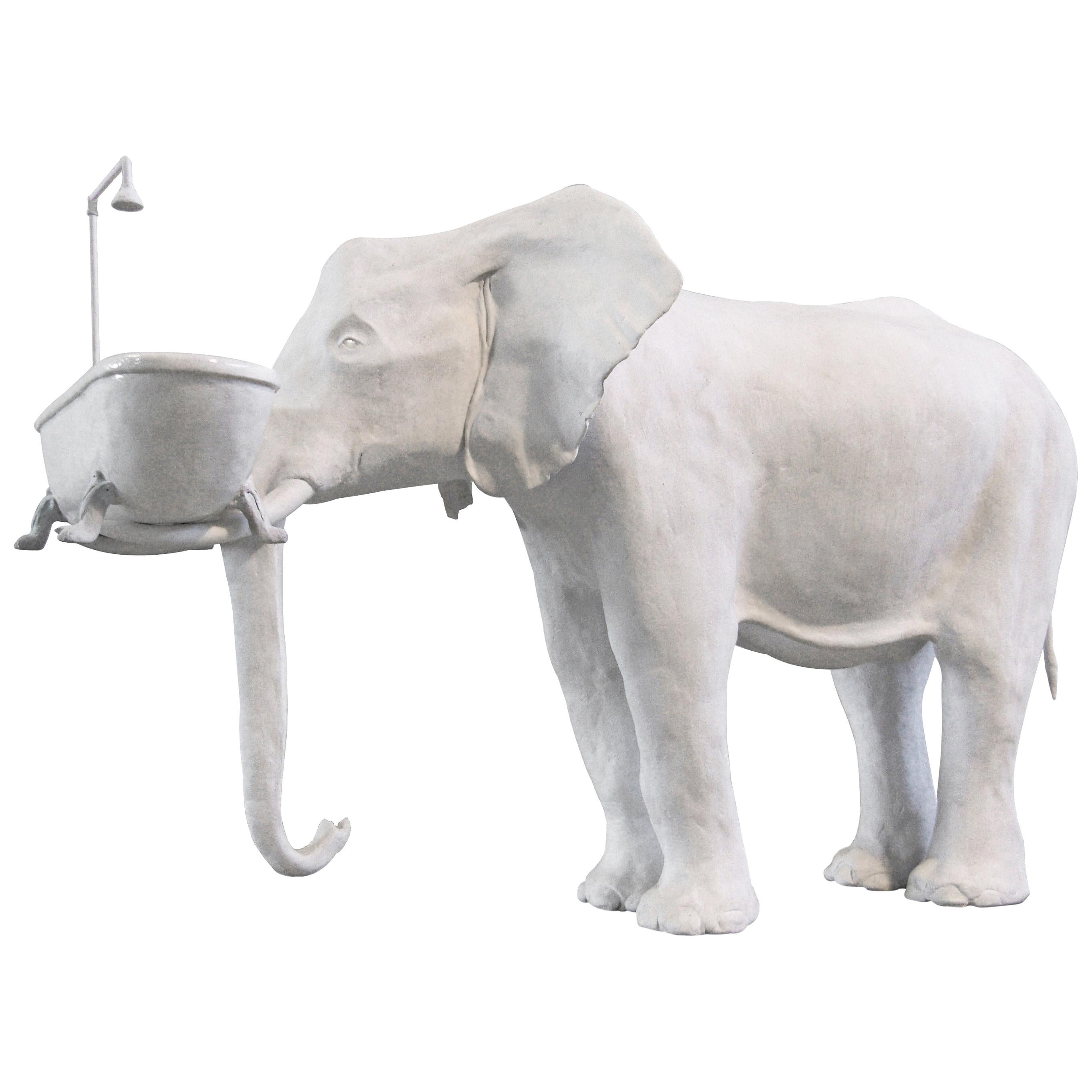 21st Century Elephant with Tub Sculpture by Marcantonio, Painted White Bronze For Sale