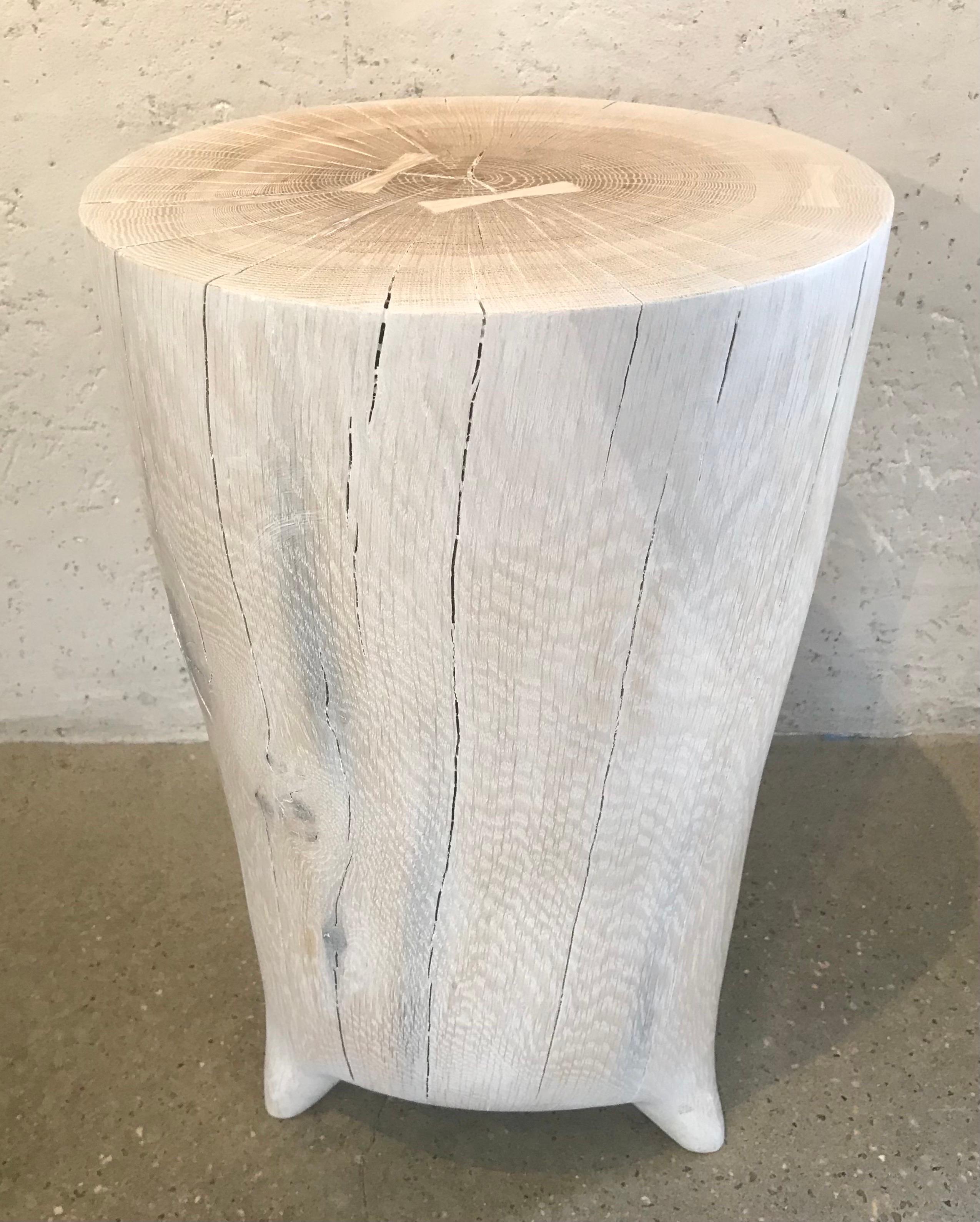 Oak 21st Century Elongated Bleached Wood Hand Carved Side Table on Tiny Feet For Sale