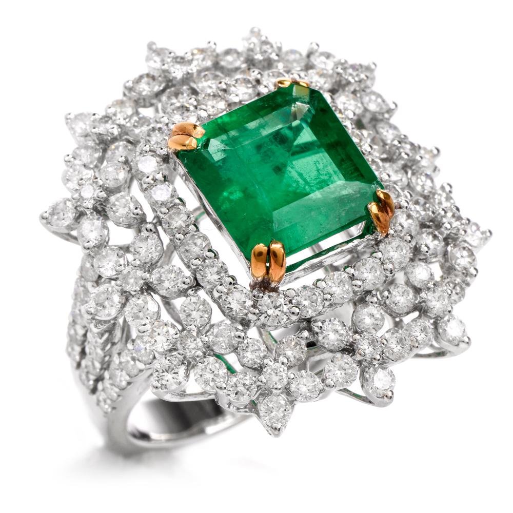 Art Deco 21st Century Emerald Diamond 18 Karat Gold Cocktail Ring
