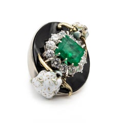 Emerald Diamonds Onix Enamel Leopards Dagger Gold Silver Cocktail Ring