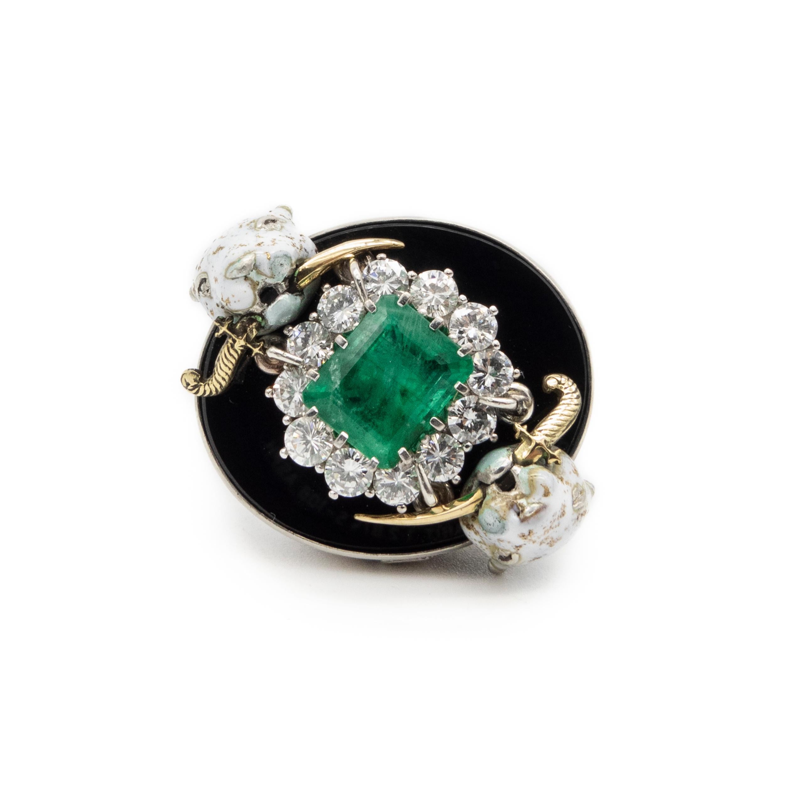 Modern Emerald Diamonds Onix Enamel Leopards Dagger Gold Silver Cocktail Ring  For Sale