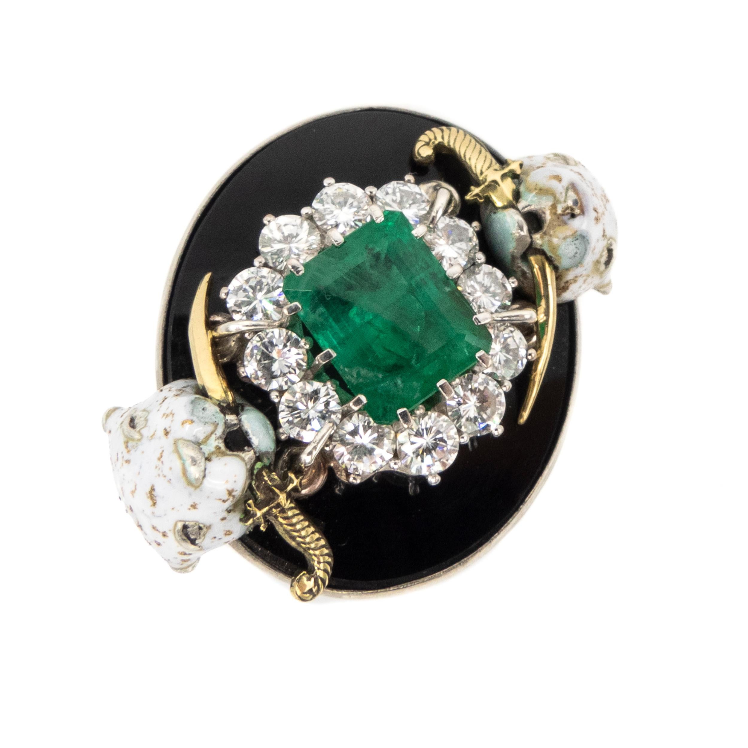 Women's Emerald Diamonds Onix Enamel Leopards Dagger Gold Silver Cocktail Ring  For Sale