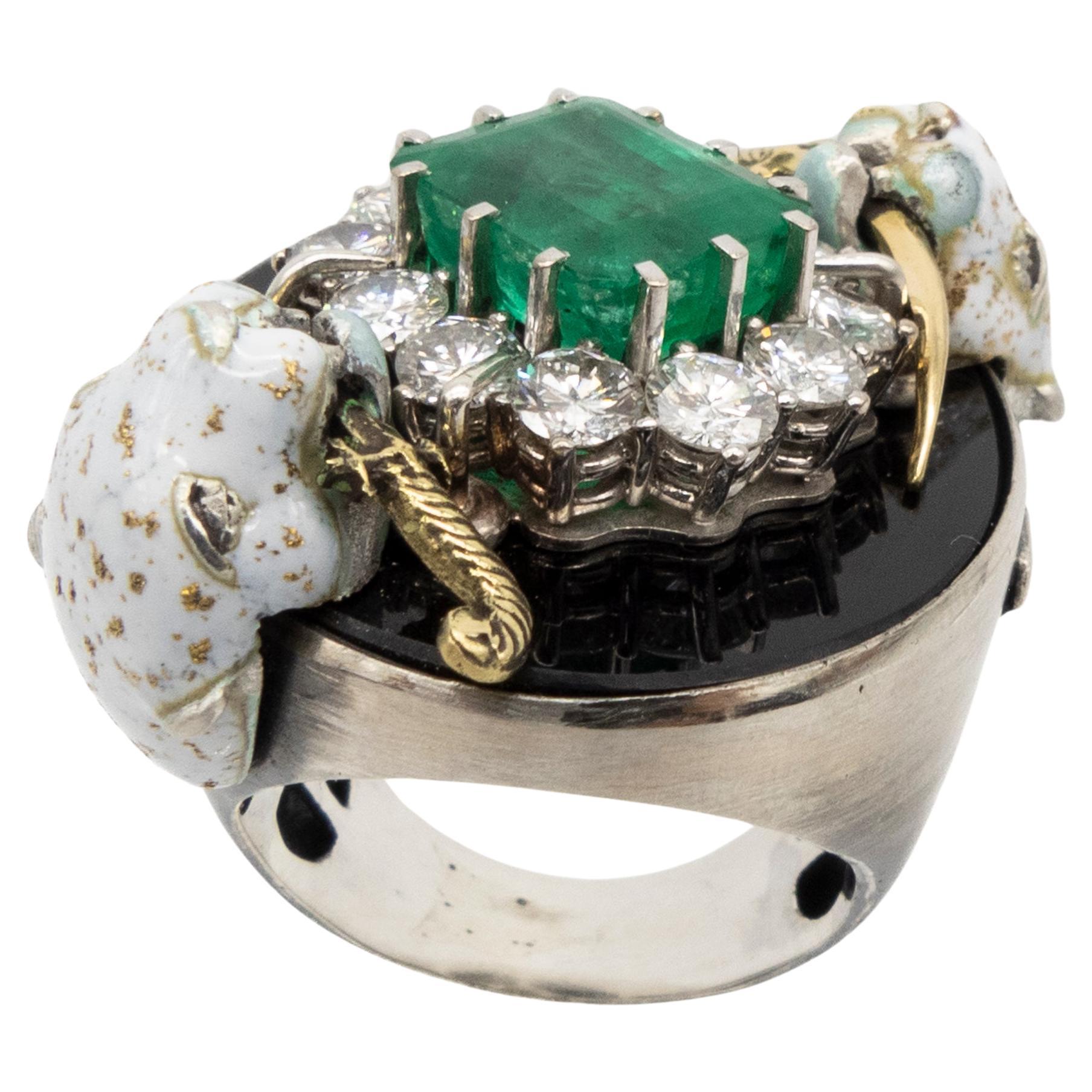 Emerald Diamonds Onix Enamel Leopards Dagger Gold Silver Cocktail Ring  For Sale