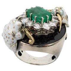 Emerald Diamonds Onix Enamel Leopards Dagger Gold Silver Cocktail Ring