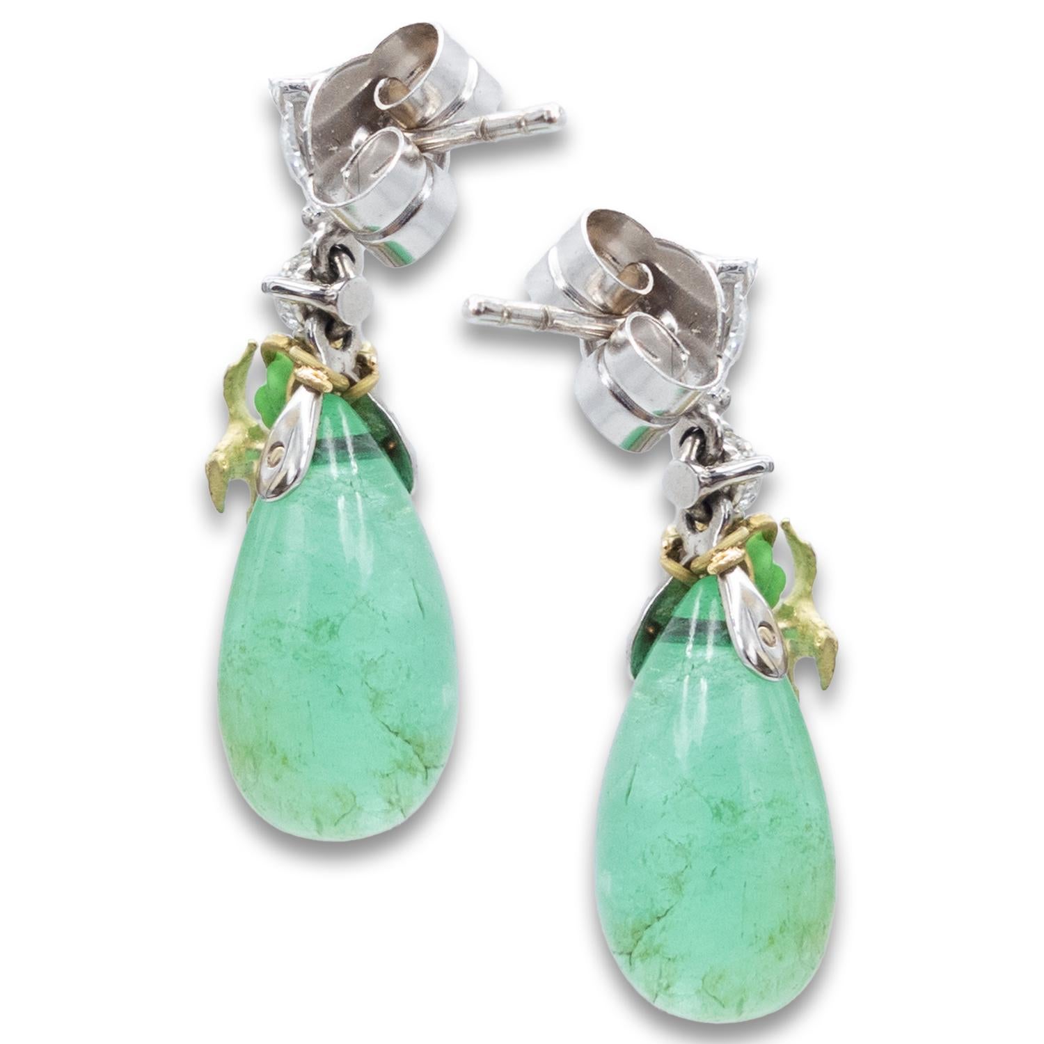 Modern 21st Century Emeralds Diamonds Pear Cut Turquoise Yellow & White Gold Earrings