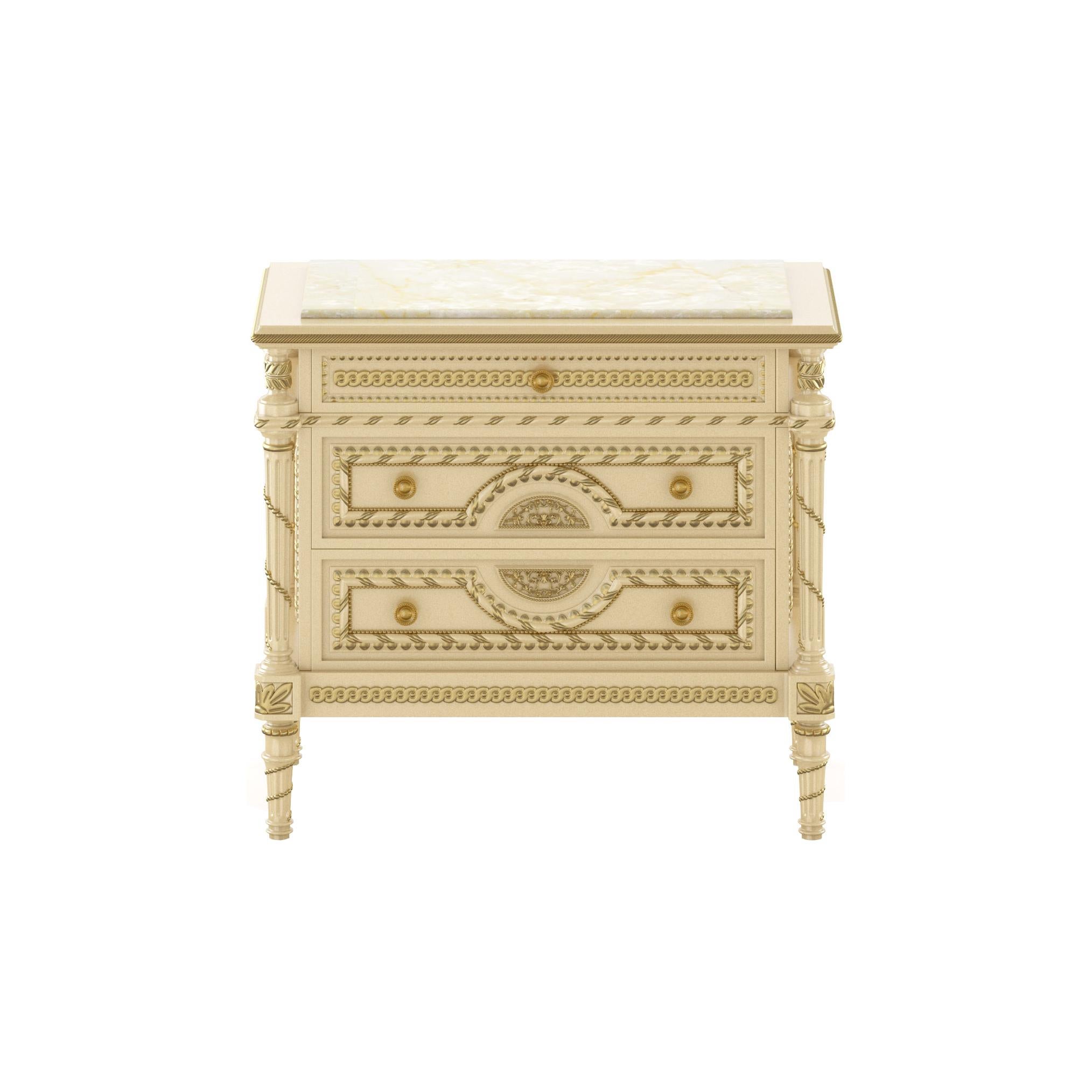 Exquisitely designed empire-stand night stand from Modenese Luxury Interiors, Italian classical furniture producer. Features an ivory finishing with gold leaf decorated details, plus a Honey Onyx marble top. As all Modenese bespoke furniture, this