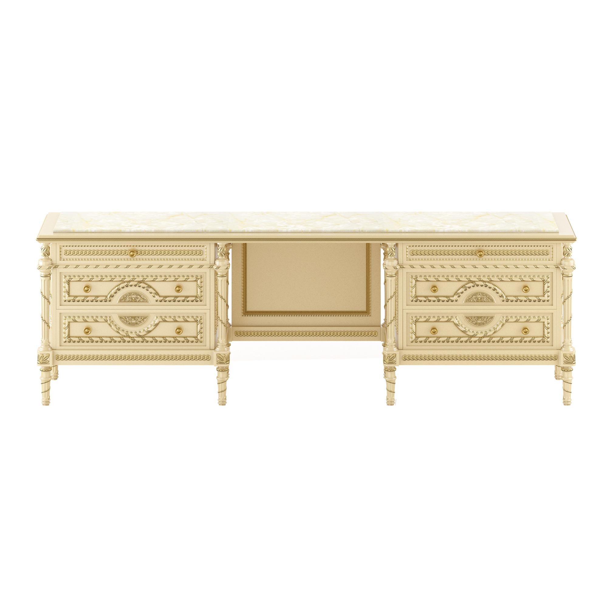 Luxurious empire-style vanity unit from Modenese Luxury Interiors, Italian furniture producer. Made of solid wood with white laquered finish and Honey Onyx top, plus empire-style wood carved columns, gold leaf details and golden knobs. The Italian