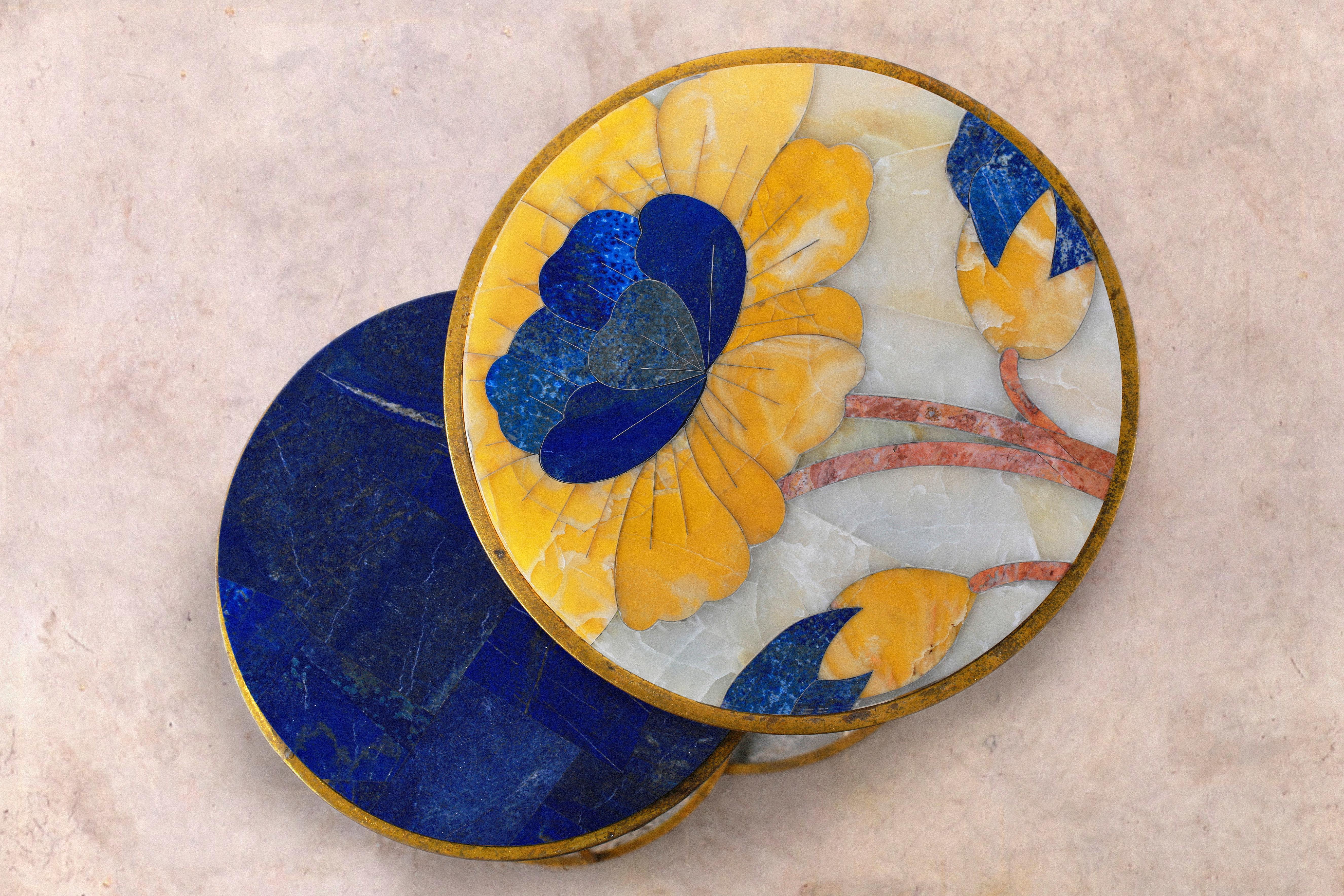 21st Century End Table Lapis Marble Onyx Semi Precious Inlay Cloisonné Metal In New Condition For Sale In Islamabad, Punjab