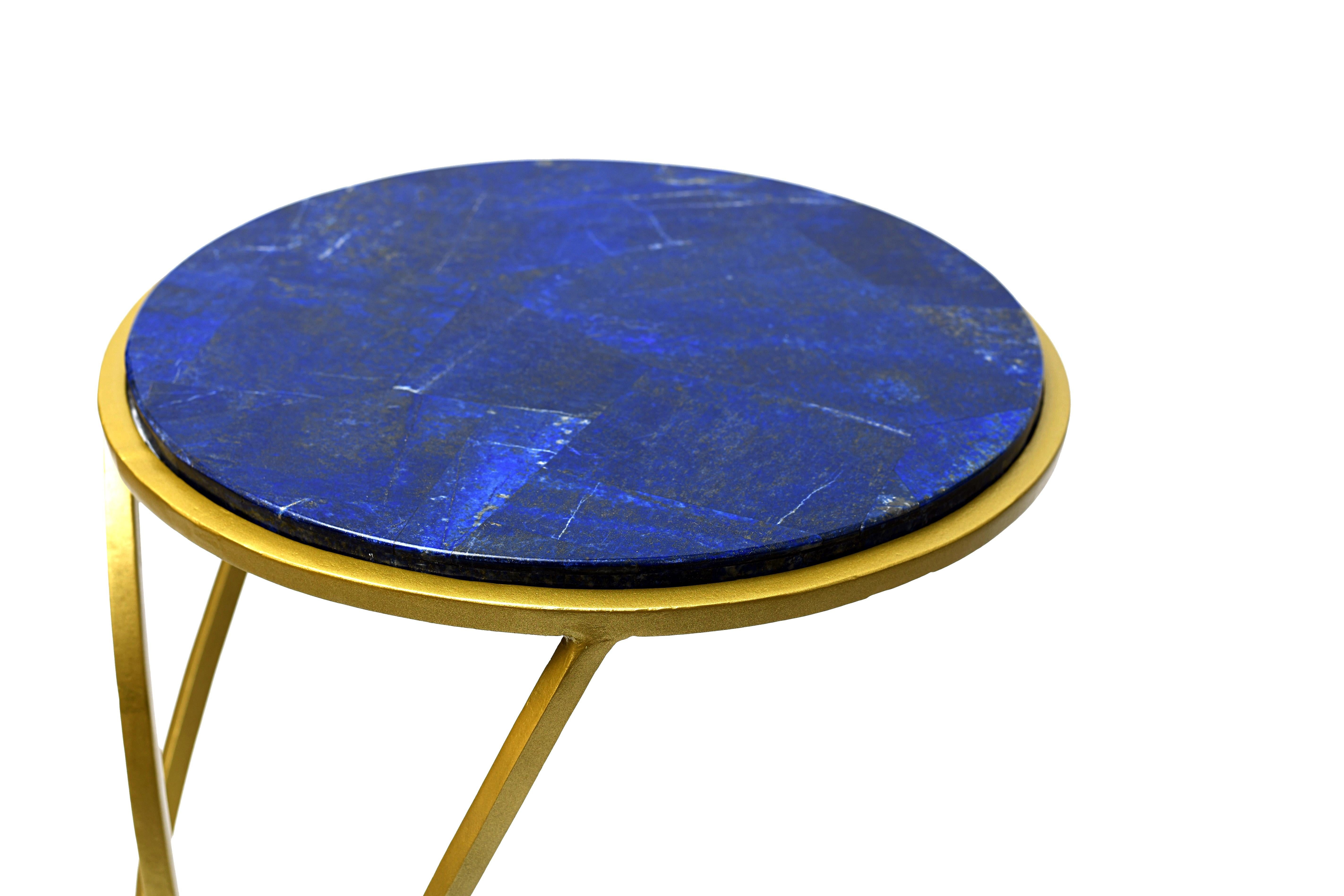 Post-Modern 21st Century End Table Lapis Marble Onyx Semi Precious Inlay Cloisonné Metal For Sale