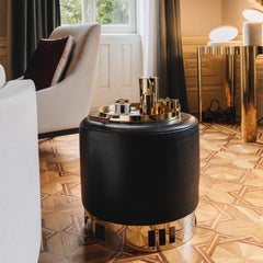 Round Stool ESCAPE upholstered Black Leather & Stainless Steel base by Duistt