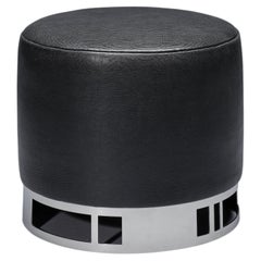 Round Stool ESCAPE upholstered Black Leather & Stainless Steel base by Duistt